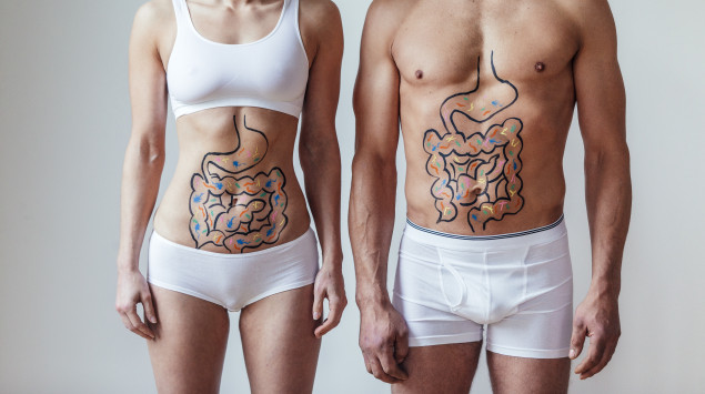 Ein Mann und eine Frau mit aufgemaltem Magen-Darm-Trakt.