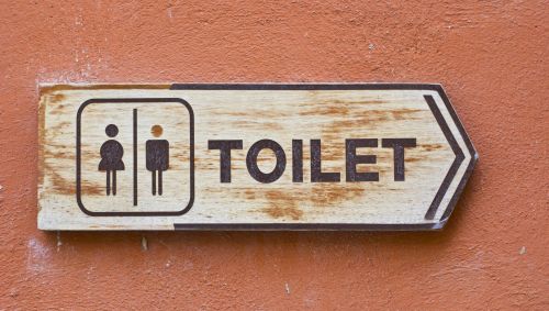 Ein Schild mit der Aufschrift Toilet und einem WC-Symbol.